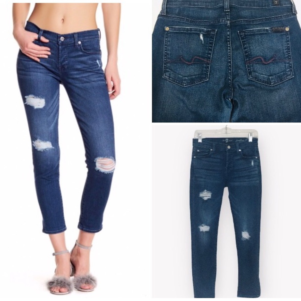 7 for All Mankind  Distressed Skinny Boyfriend Jeans Button Fly Size 24